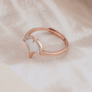 AGOR 925 Silver Rose Gold Heart Outline Ring - Adjustable with White Enamel Finish