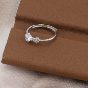 AGOR 925 Silver Heart Bow Adjustable Ring - Delicate CZ Accent