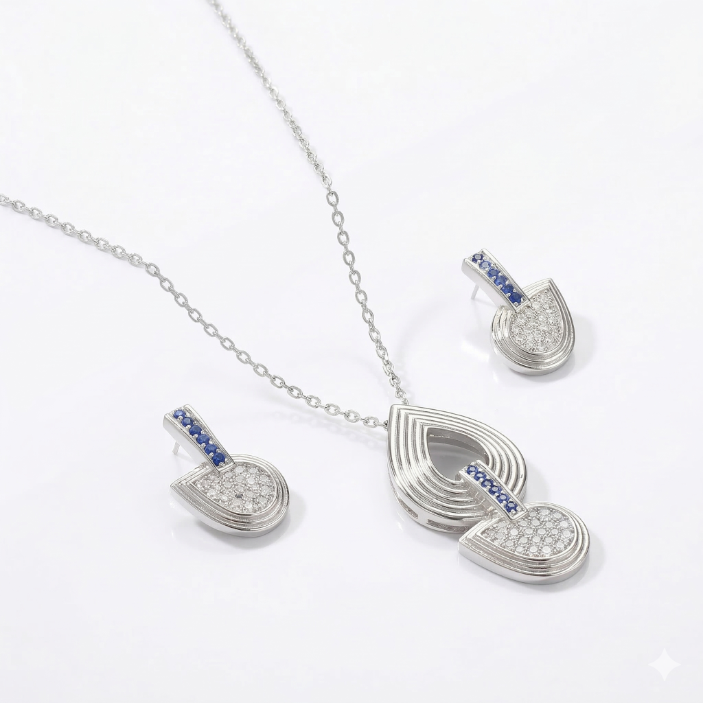 925 Sterling Silver Abstract Teardrop Pendant Set with Blue Stone Accents Jewellery for Women
