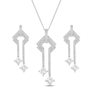 925 Sterling Silver Geometric Art Deco Style Long Drop Chain Pendant and Dangle Earrings Set Jewellery