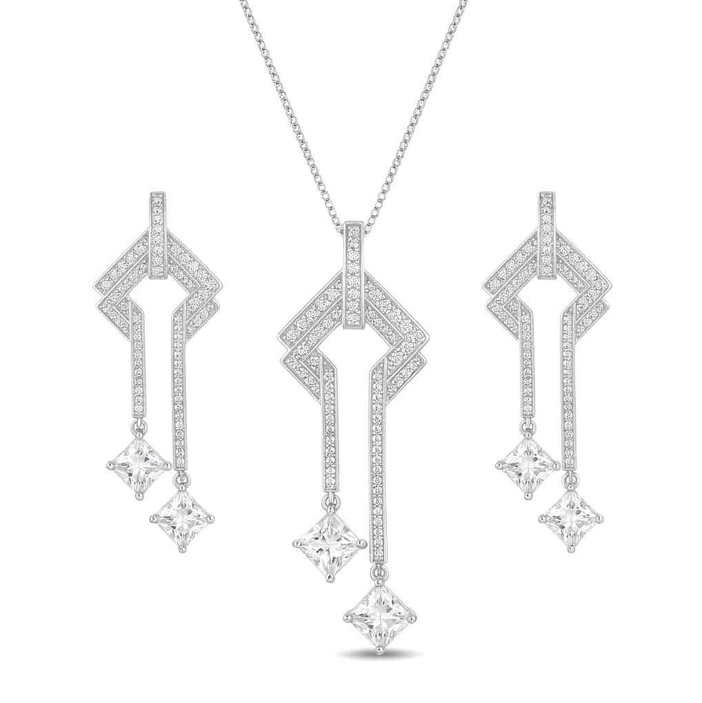 925 Sterling Silver Geometric Art Deco Style Long Drop Chain Pendant and Dangle Earrings Set Jewellery