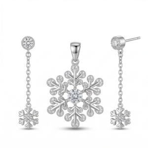 925 Sterling Silver Snowflake Chain Drop Pendant Set Rhodium Finish Jewellery
