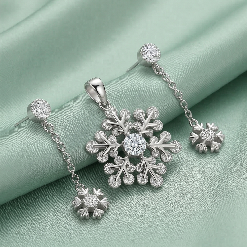 925 Sterling Silver Snowflake Chain Drop Pendant Set Rhodium Finish Jewellery
