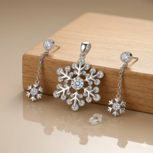 925 Sterling Silver Snowflake Chain Drop Pendant Set Rhodium Finish Jewellery