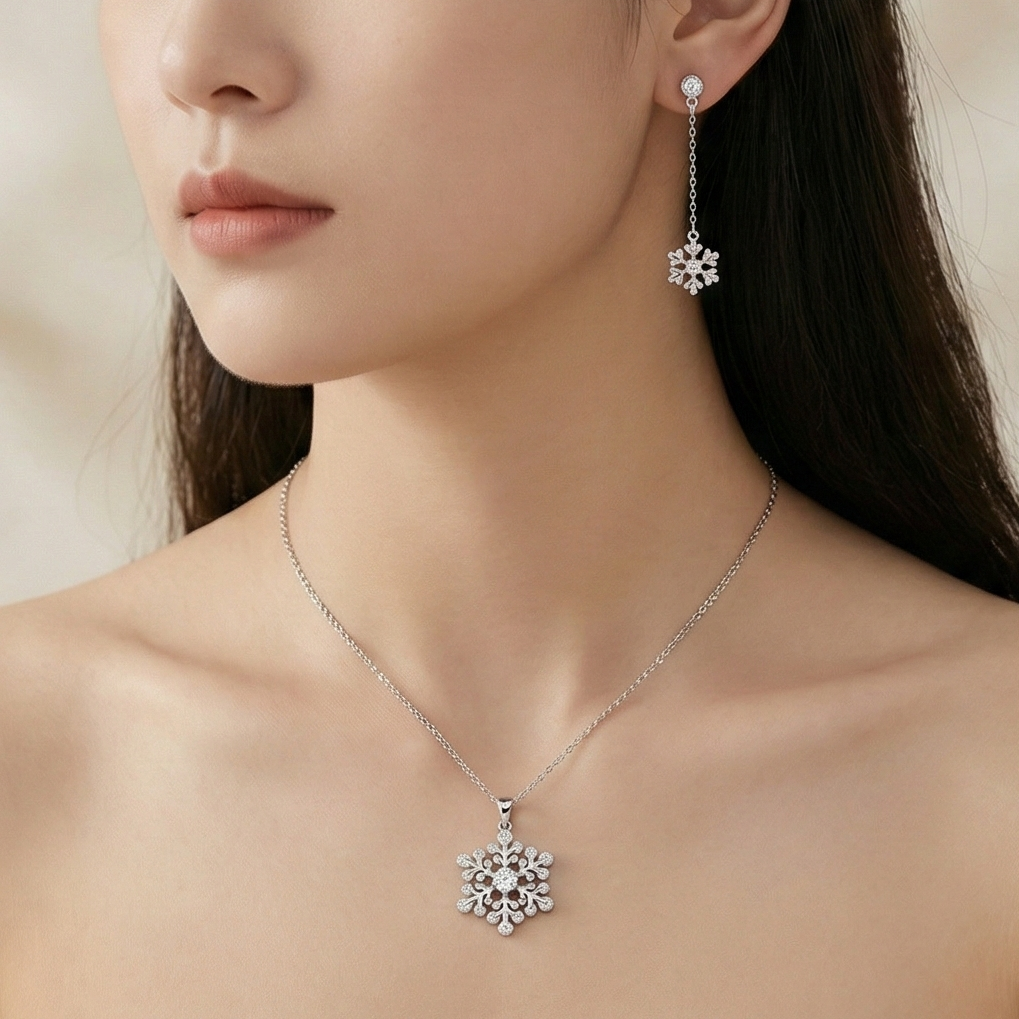 925 Sterling Silver Snowflake Chain Drop Pendant Set Rhodium Finish Jewellery