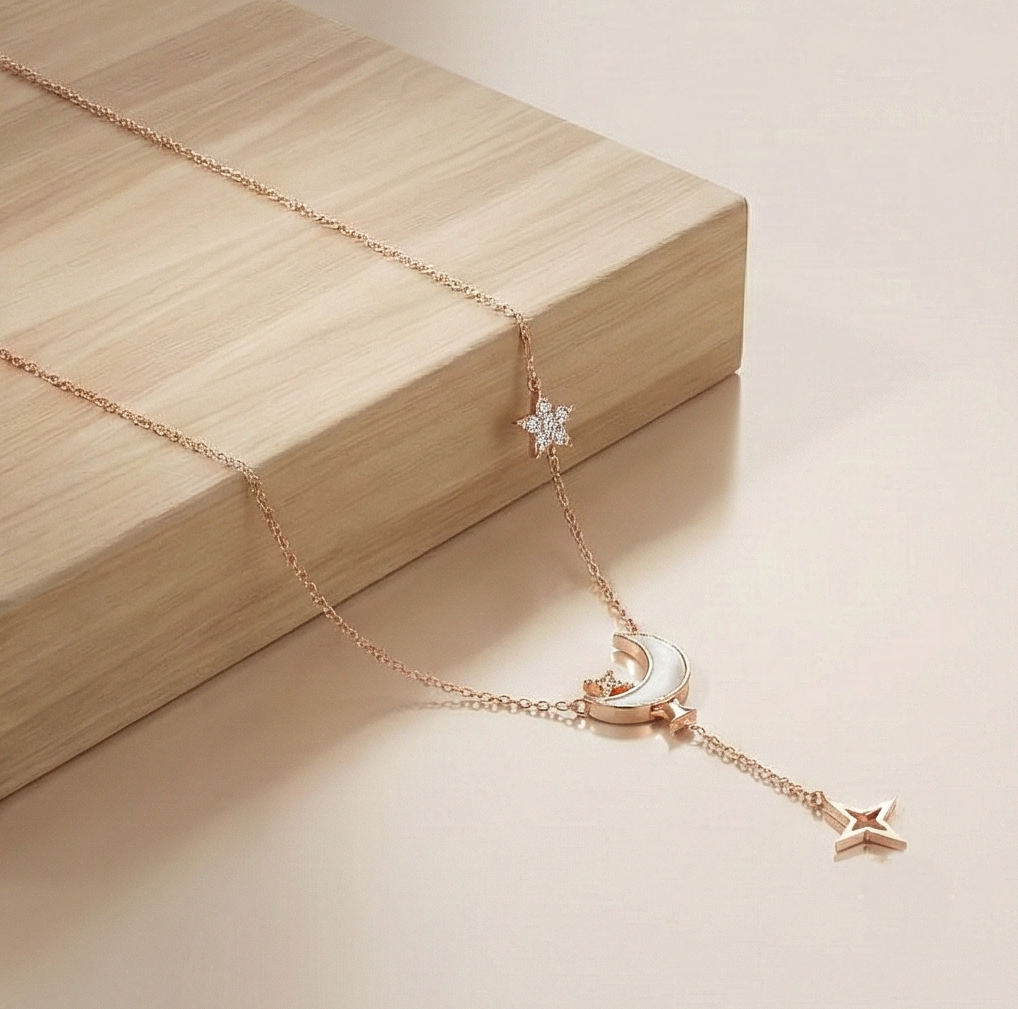 AGOR 925 Sterling Silver Rose Gold Plated Celestial MOP Moon and Star Lariat Necklace Jewellery