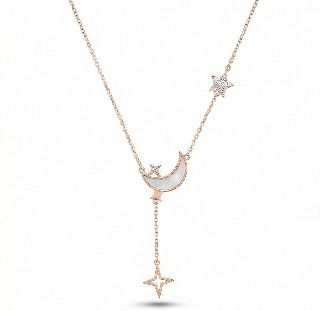 AGOR 925 Sterling Silver Rose Gold Plated Celestial MOP Moon and Star Lariat Necklace Jewellery