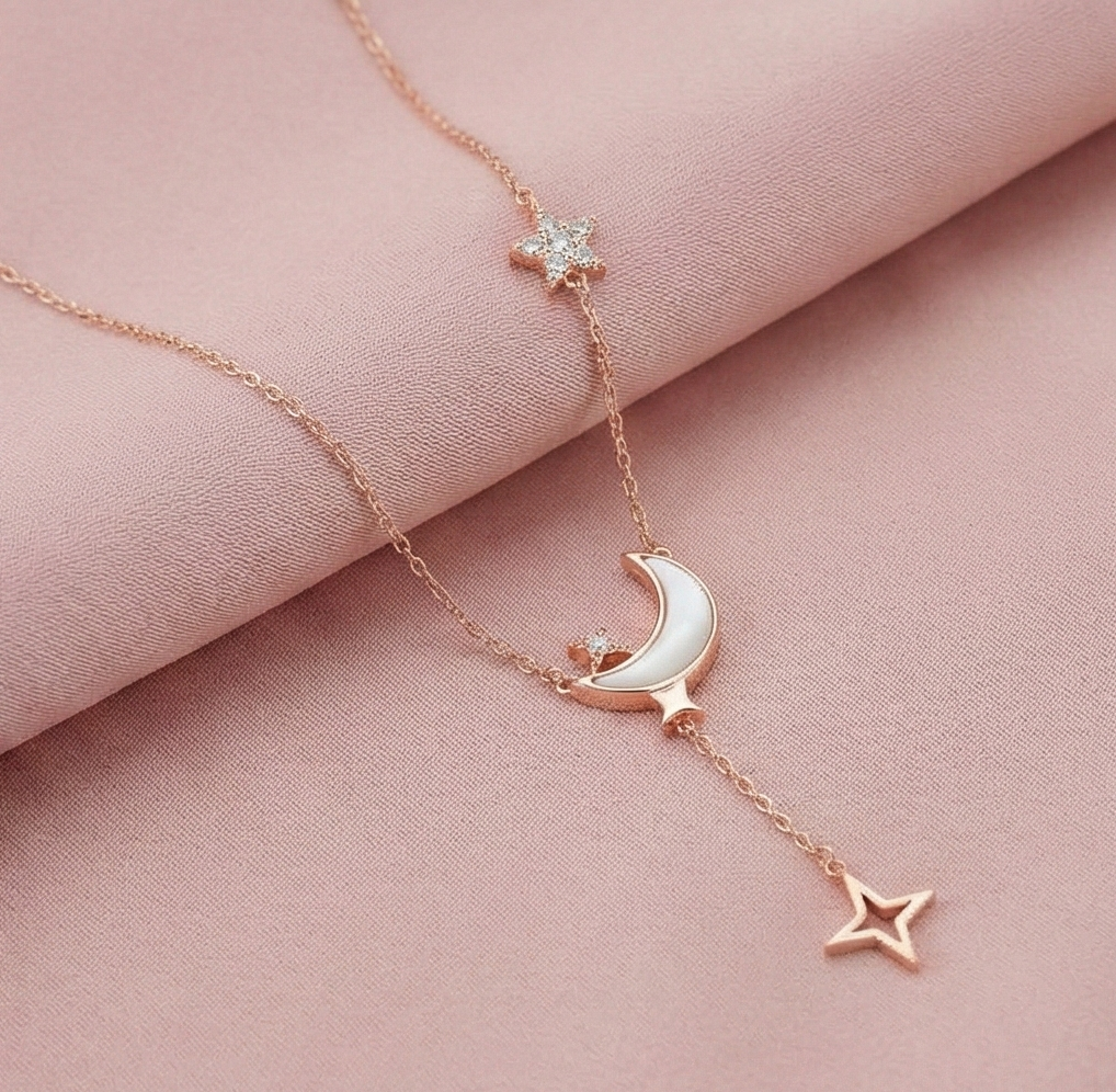 AGOR 925 Sterling Silver Rose Gold Plated Celestial MOP Moon and Star Lariat Necklace Jewellery