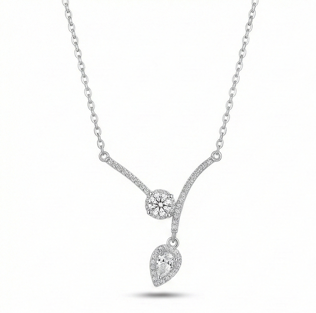 AGOR 925 Sterling Silver Elegant Asymmetric Pear Drop Necklace Jewellery with Rhodium Finish