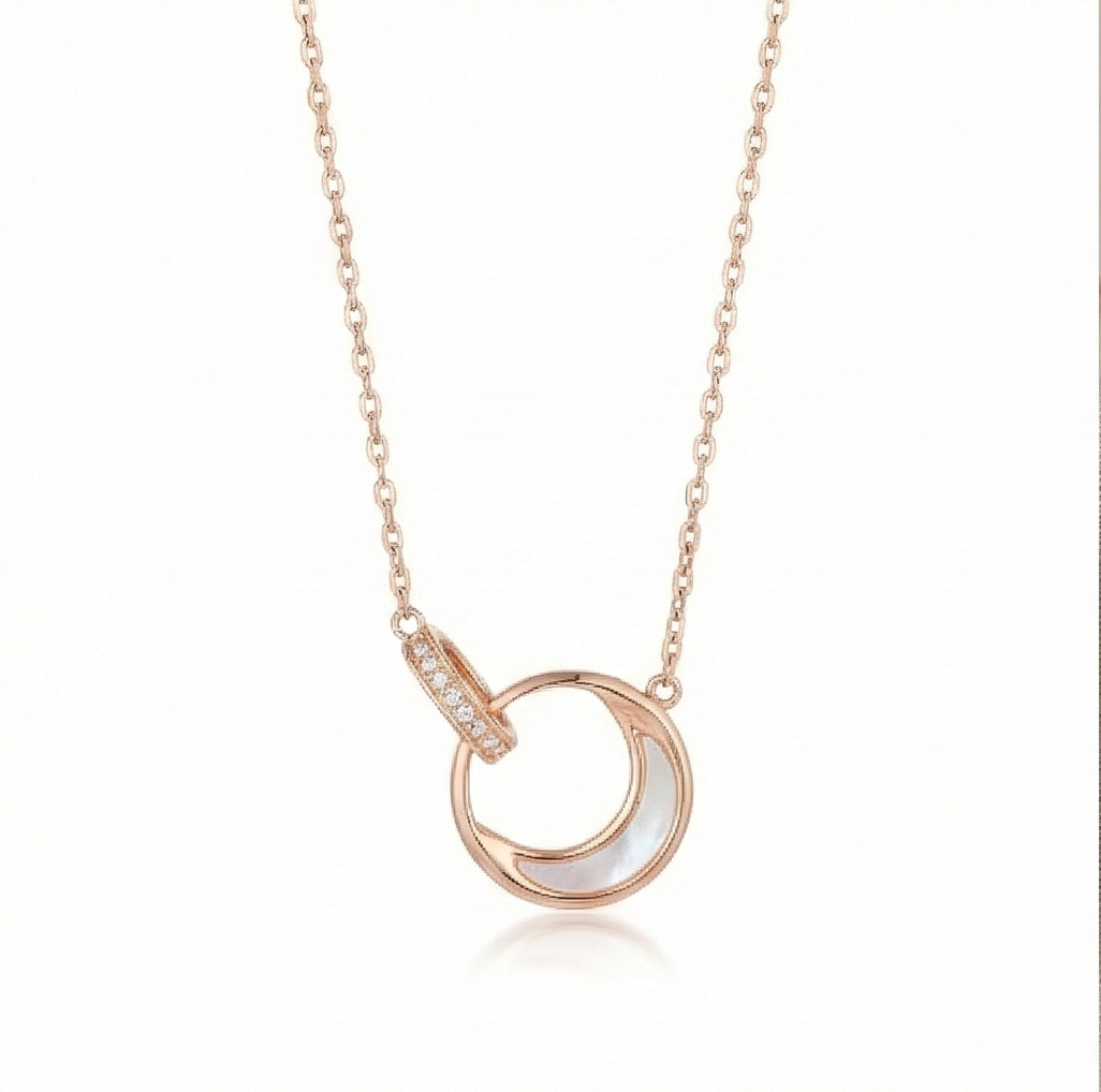 AGOR 925 Sterling Silver Rose Gold Plated Interlocking Double Circle MOP Pendant Necklace Jewellery