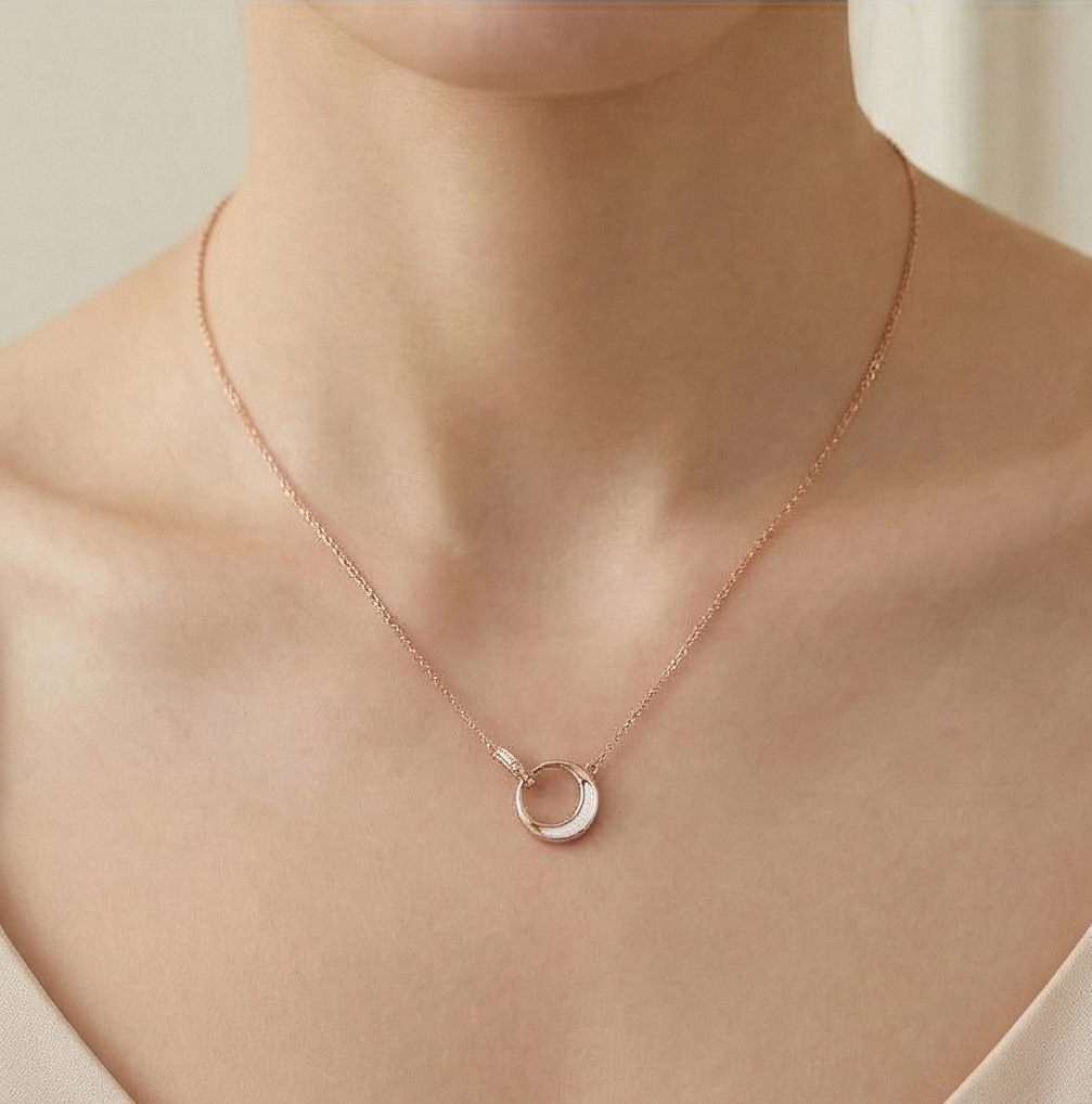 AGOR 925 Sterling Silver Rose Gold Plated Interlocking Double Circle MOP Pendant Necklace Jewellery