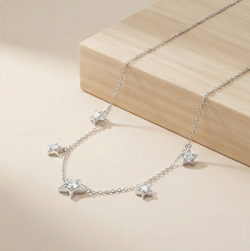 AGOR 925 Sterling Silver Celestial 5 Star Charm Necklace, Silver Finish Pendant Jewellery for Girls
