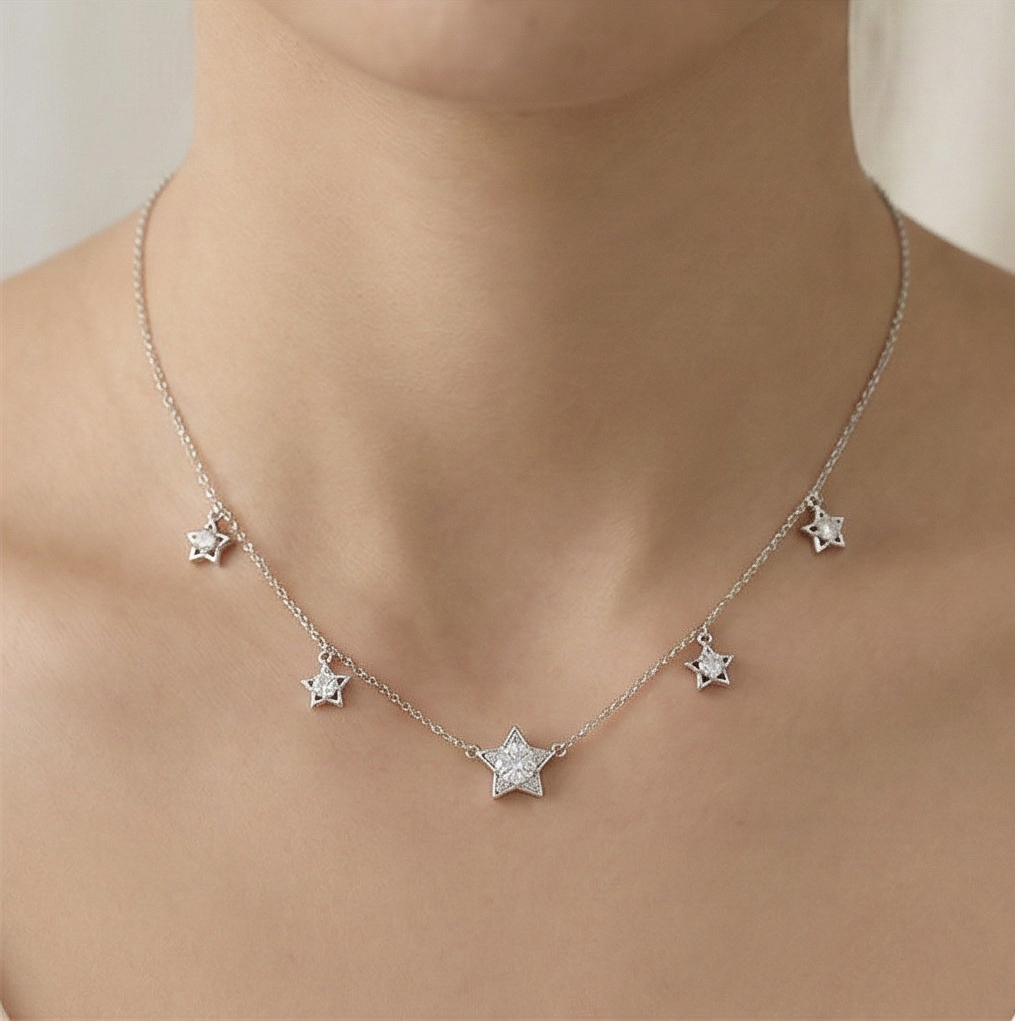 AGOR 925 Sterling Silver Celestial 5 Star Charm Necklace, Silver Finish Pendant Jewellery for Girls
