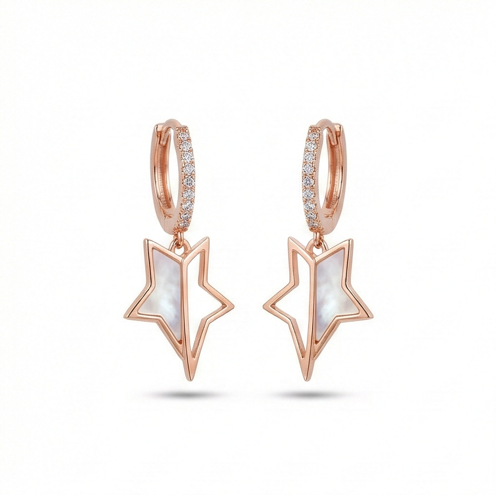 AGOR 925 Sterling Silver Rose Gold Plated Star Huggie Hoop Earrings, Dangle Charm Jewellery for Women