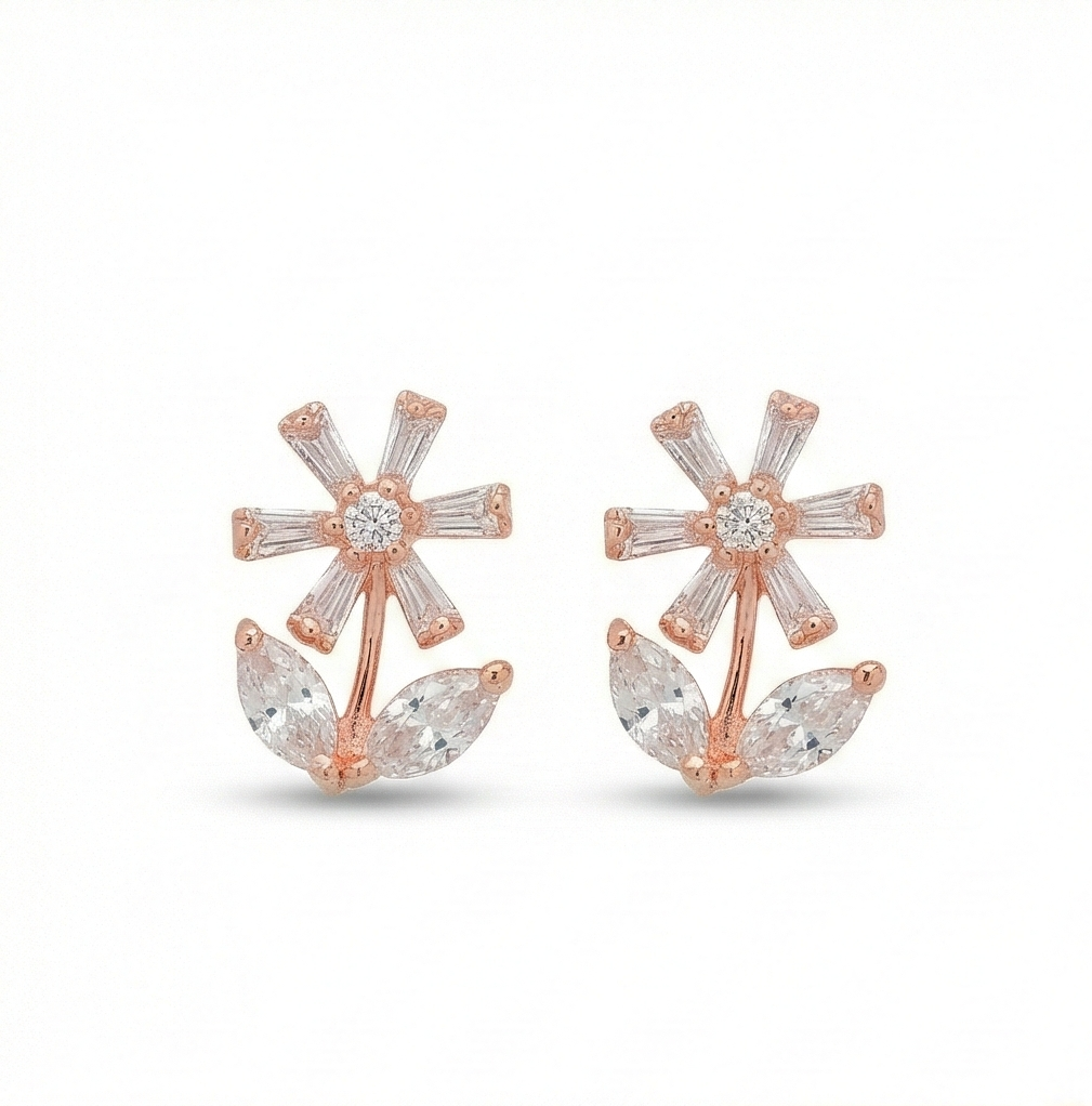 AGOR 925 Sterling Silver Rose Gold Plated Floral Stud Earrings, Nature Inspired Jewellery for Women