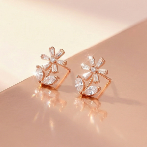 AGOR 925 Sterling Silver Rose Gold Plated Floral Stud Earrings, Nature Inspired Jewellery for Women