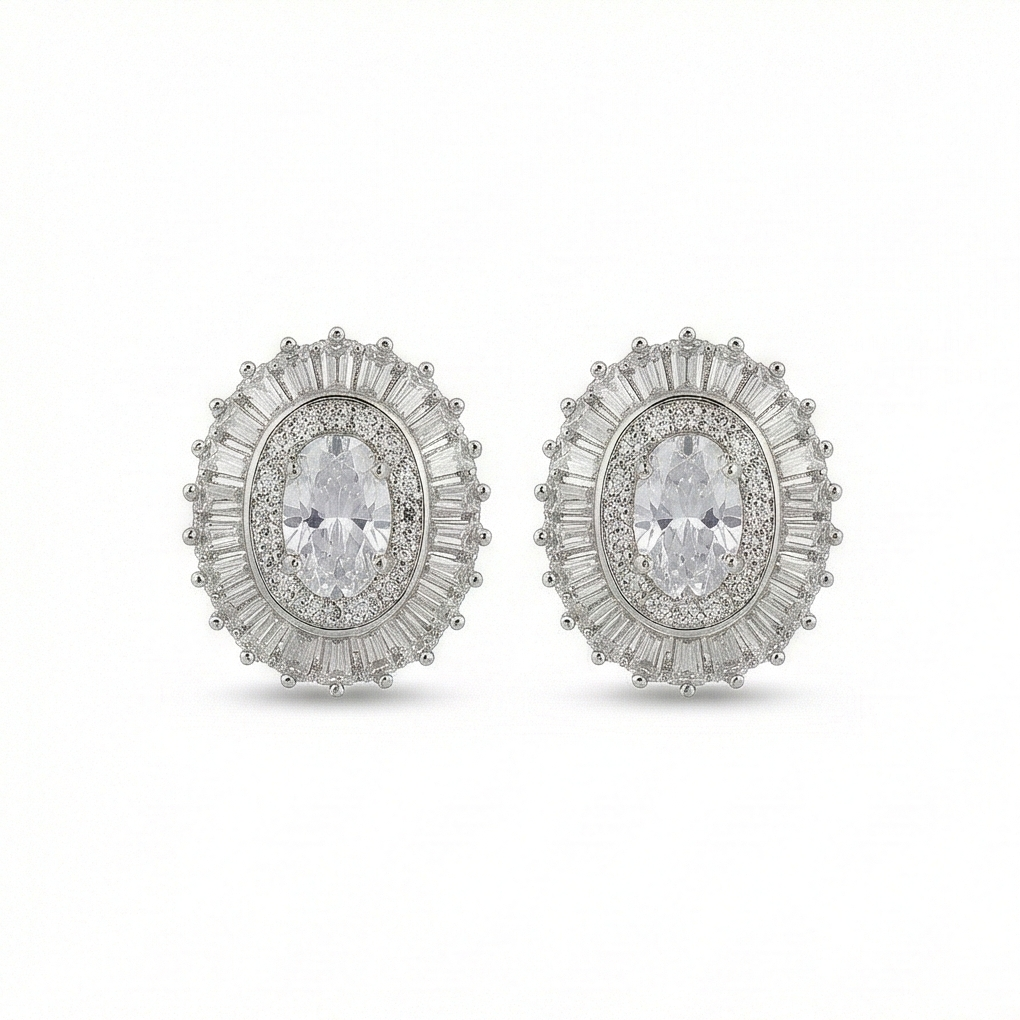 AGOR 925 Sterling Silver Oval Halo Stud Earrings, Rhodium Plated Statement Jewellery for Women