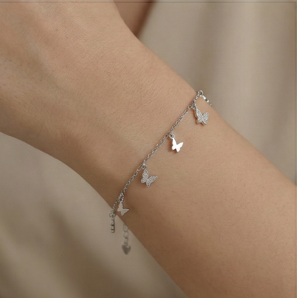 AGOR 925 Sterling Silver Butterfly Charm Bracelet for Women, High Polish Silver Finish Fashion Jewellery