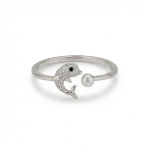AGOR 925 Sterling Silver Dolphin and Pearl Adjustable Ring, Rhodium Plated Open Jewellery for Girls