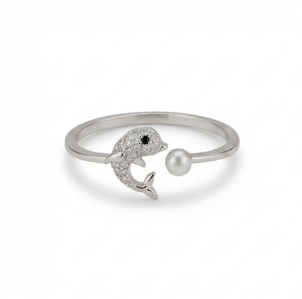 AGOR 925 Sterling Silver Dolphin and Pearl Adjustable Ring, Rhodium Plated Open Jewellery for Girls