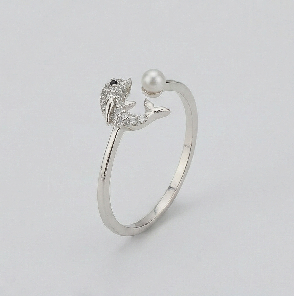 AGOR 925 Sterling Silver Dolphin and Pearl Adjustable Ring, Rhodium Plated Open Jewellery for Girls