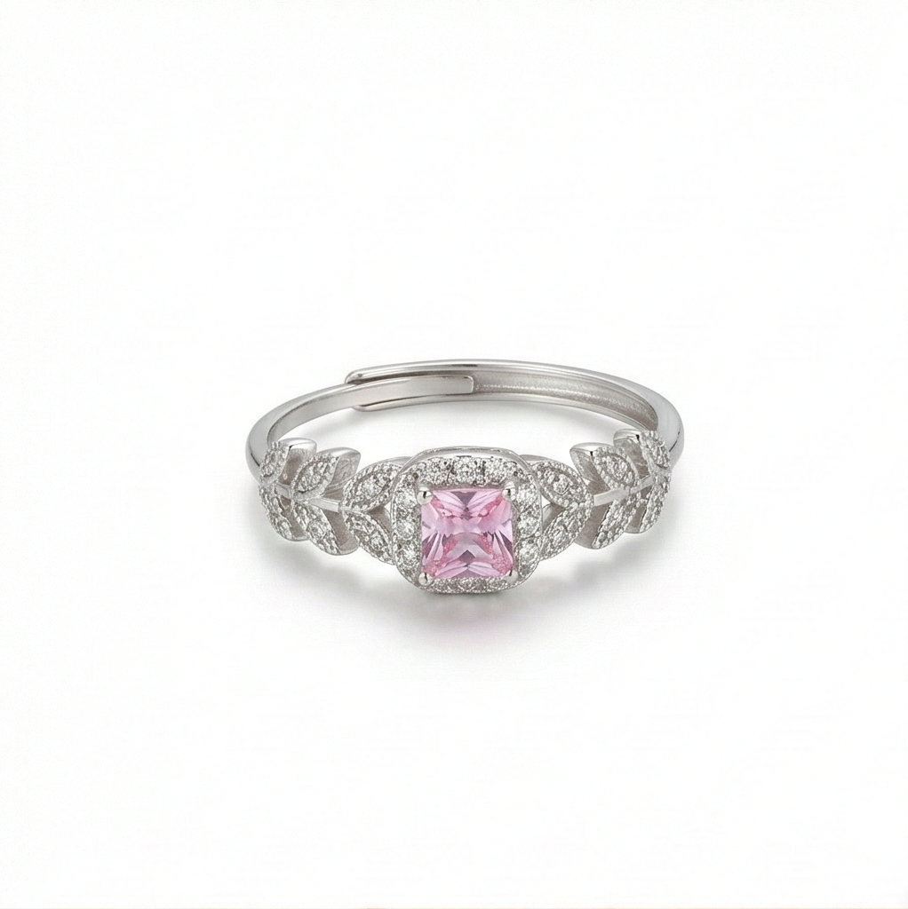 AGOR 925 Sterling Silver Pink Cushion Stone Ring, Rhodium Plated Leaf Design Jewellery for Women