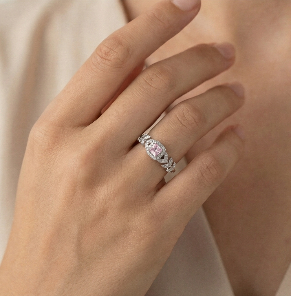 AGOR 925 Sterling Silver Pink Cushion Stone Ring, Rhodium Plated Leaf Design Jewellery for Women