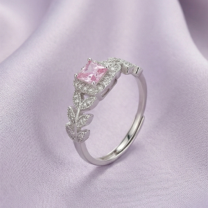 AGOR 925 Sterling Silver Pink Cushion Stone Ring, Rhodium Plated Leaf Design Jewellery for Women