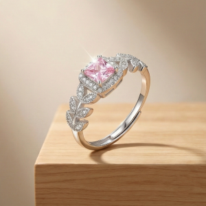 AGOR 925 Sterling Silver Pink Cushion Stone Ring, Rhodium Plated Leaf Design Jewellery for Women