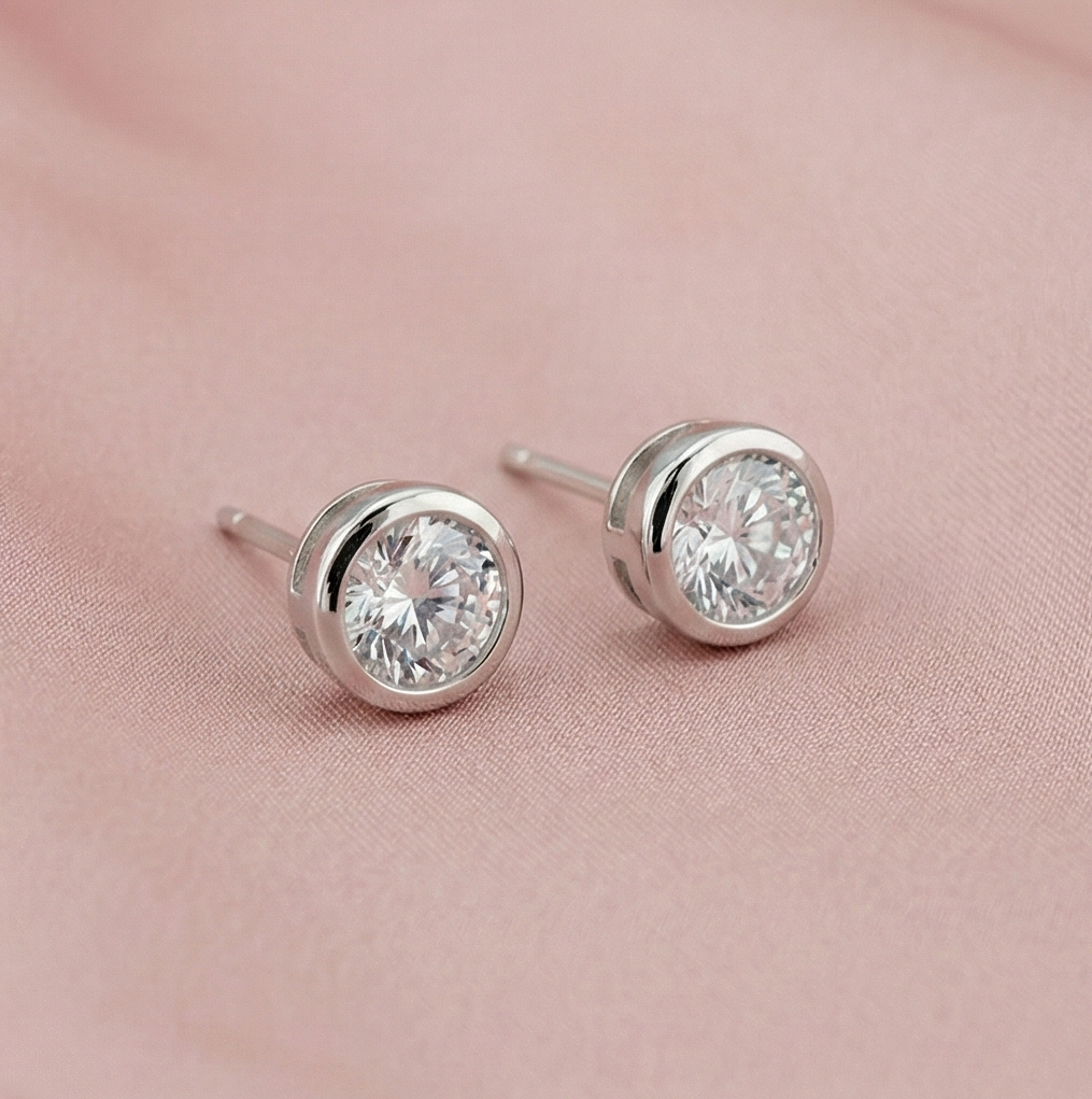 925 Sterling Silver Round Bezel Set Solitaire Stud Earrings Jewellery for Women