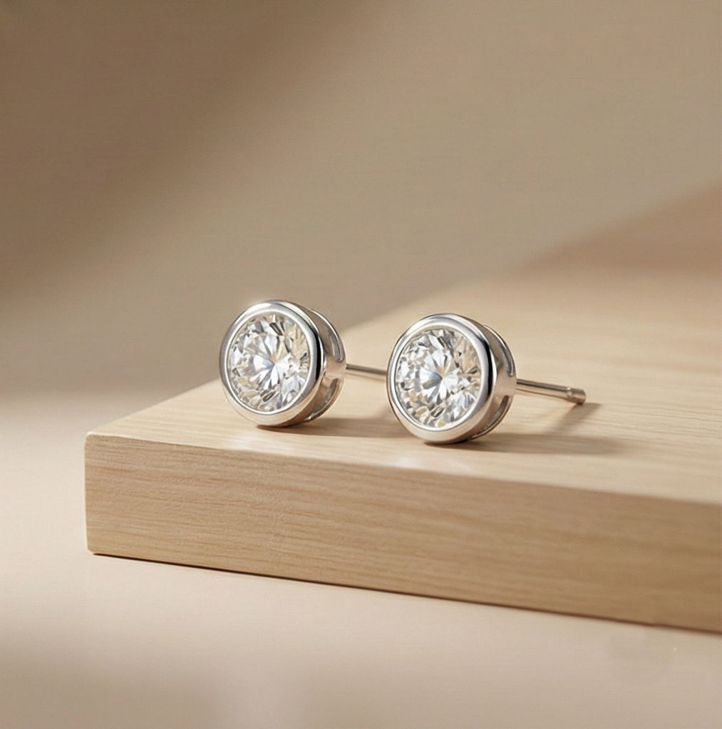 925 Sterling Silver Round Bezel Set Solitaire Stud Earrings Jewellery for Women