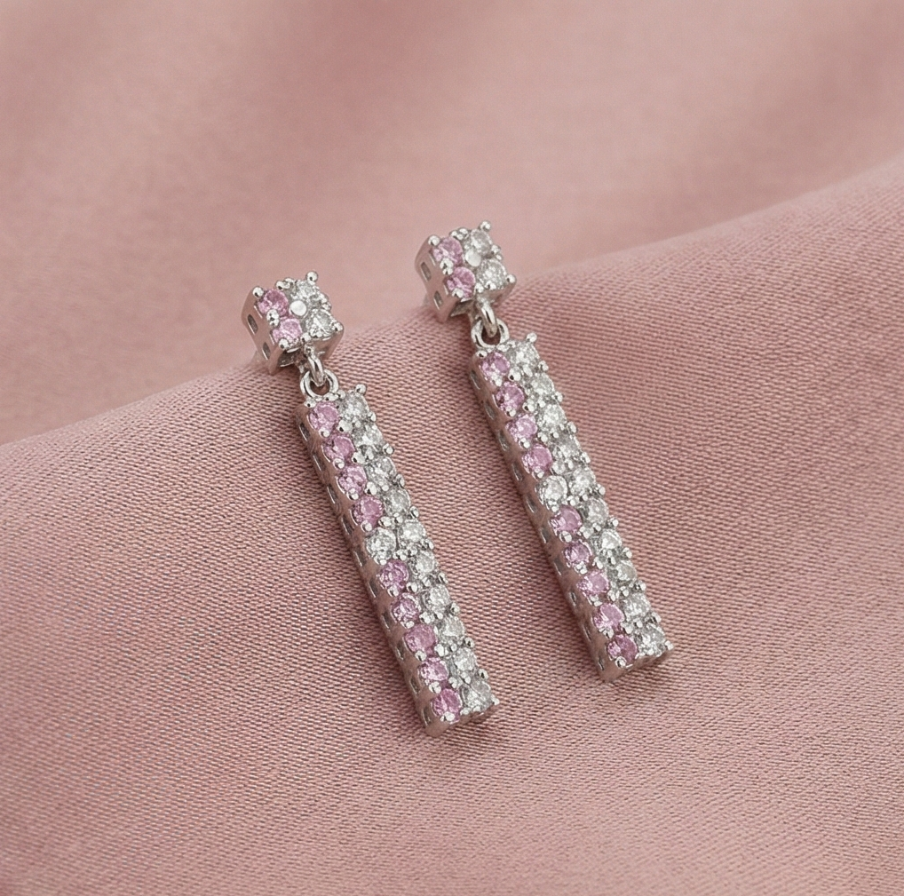 925 Sterling Silver Pink and White Linear Drop Earrings Jewellery for Women