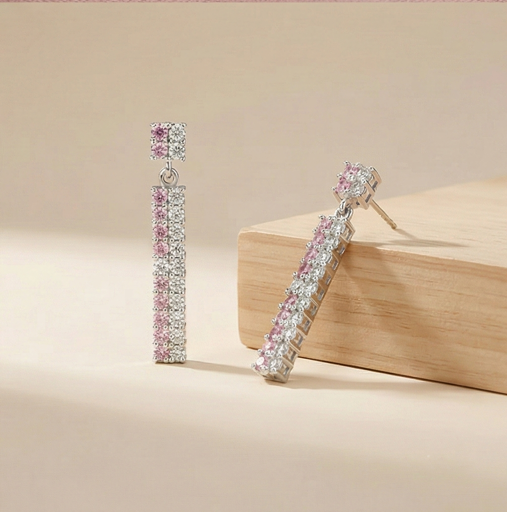 925 Sterling Silver Pink and White Linear Drop Earrings Jewellery for Women
