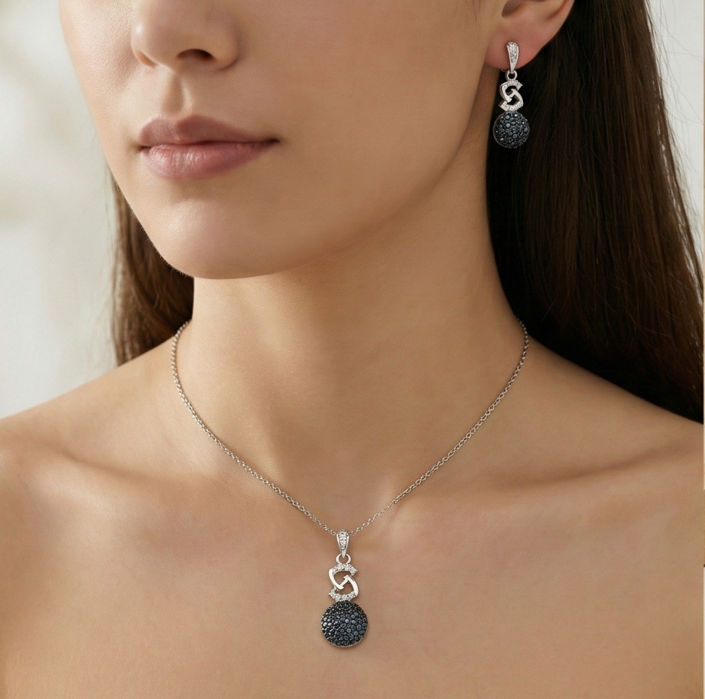 925 Sterling Silver Black Stone Infinity Drop Pendant Set Rhodium Finish Jewellery