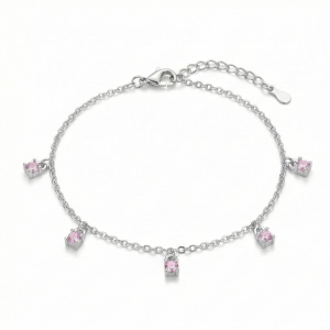 925 Sterling Silver Pink Stone Charm Anklet for Women, Dainty Foot Jewellery