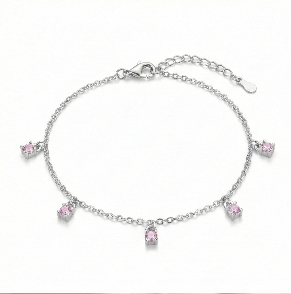 925 Sterling Silver Pink Stone Charm Anklet for Women, Dainty Foot Jewellery