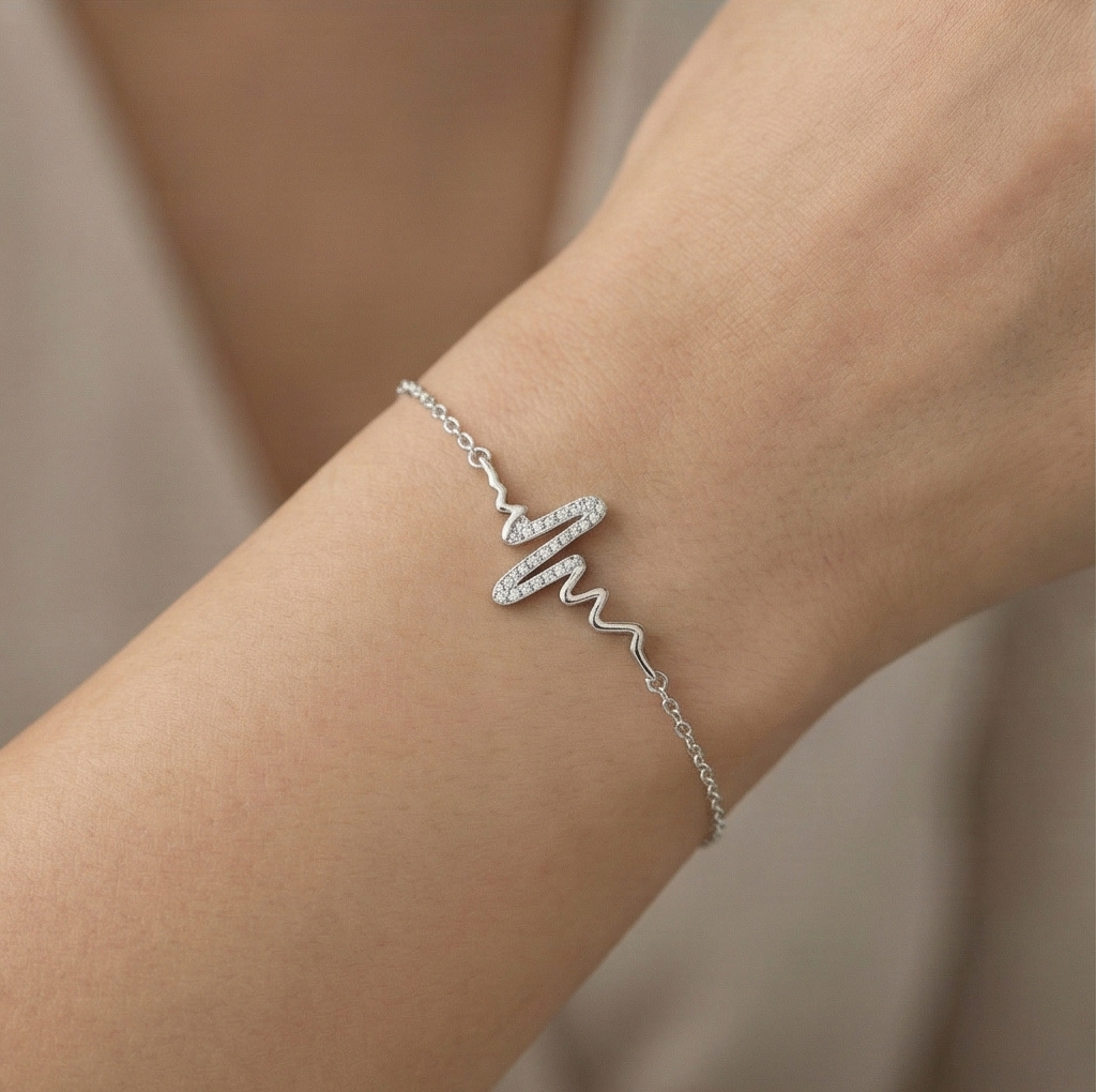 925 Sterling Silver Heartbeat Pulse Chain Bracelet Jewellery for Women & Girls Silver Finish