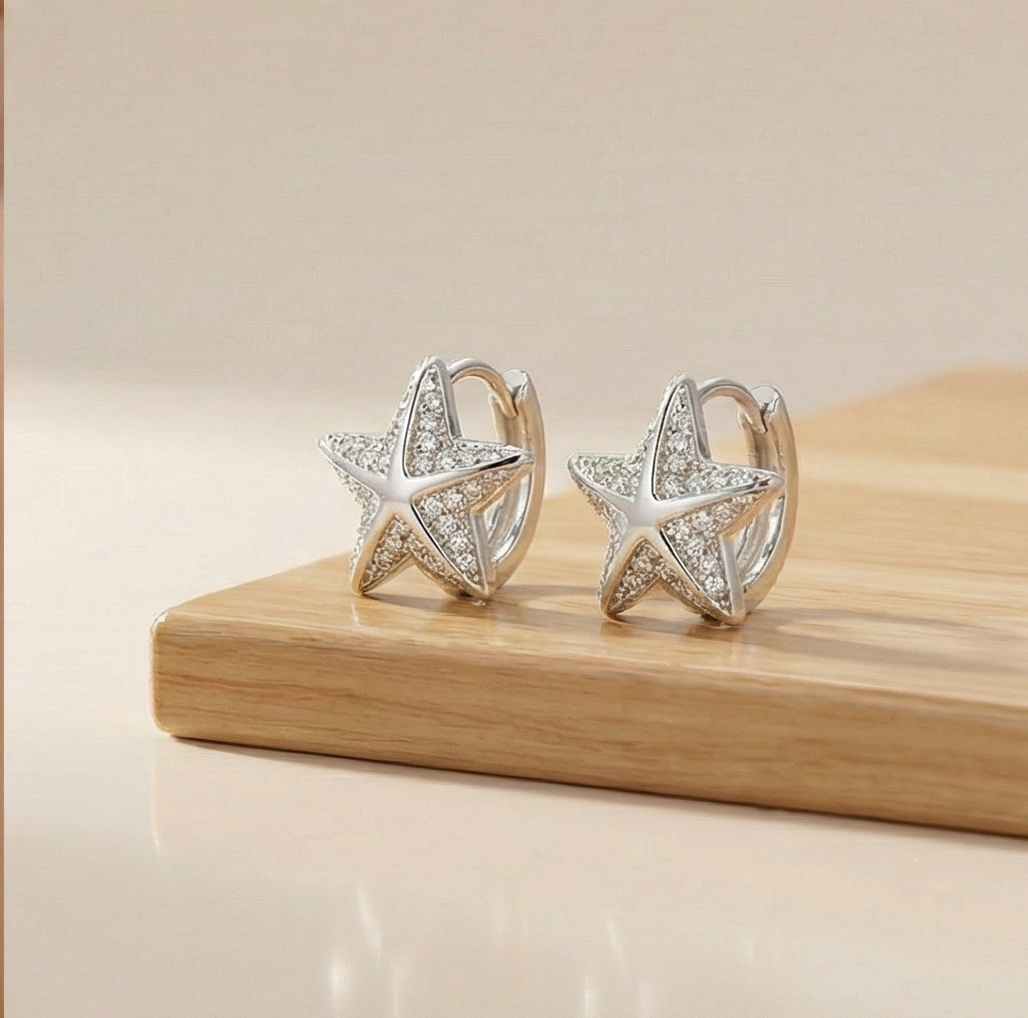 925 Sterling Silver Pave Star Huggie Hoop Earrings Jewellery for Women & Girls