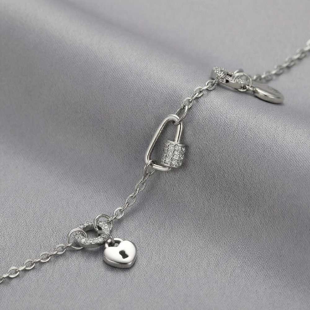 925 Sterling Silver Lock and Key Charm Bracelet Silver Finish Jewellery