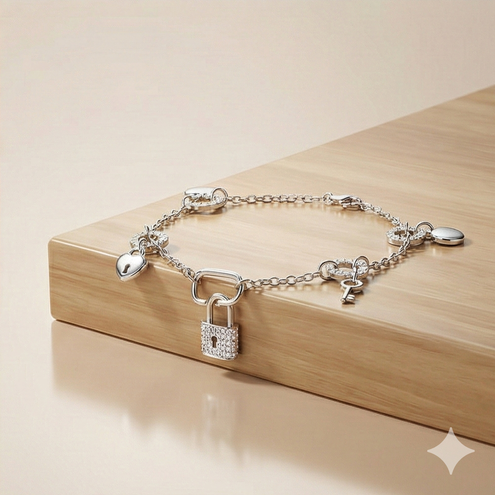 925 Sterling Silver Lock and Key Charm Bracelet Silver Finish Jewellery