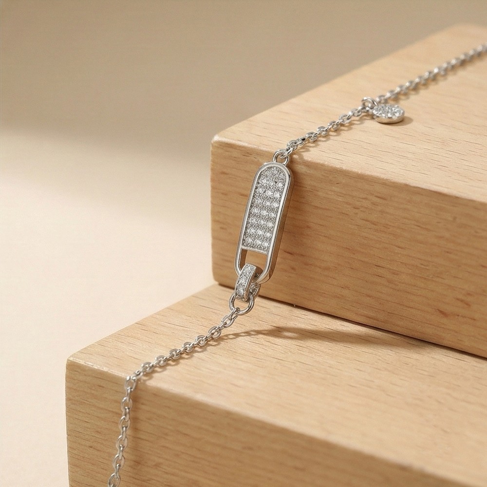 925 Sterling Silver Pave Set Geometric Capsule Bar Bracelet Silver Finish Jewellery