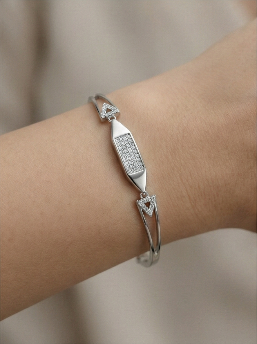 925 Sterling Silver Cushion Shape Station Hinged Bangle Bracelet Jewellery for Women High Polish Finish