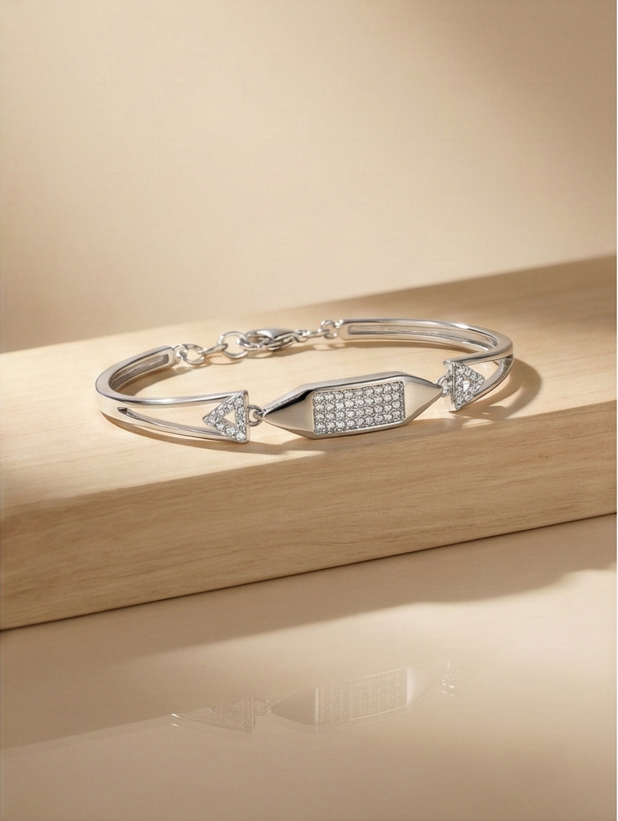 925 Sterling Silver Cushion Shape Station Hinged Bangle Bracelet Jewellery for Women High Polish Finish