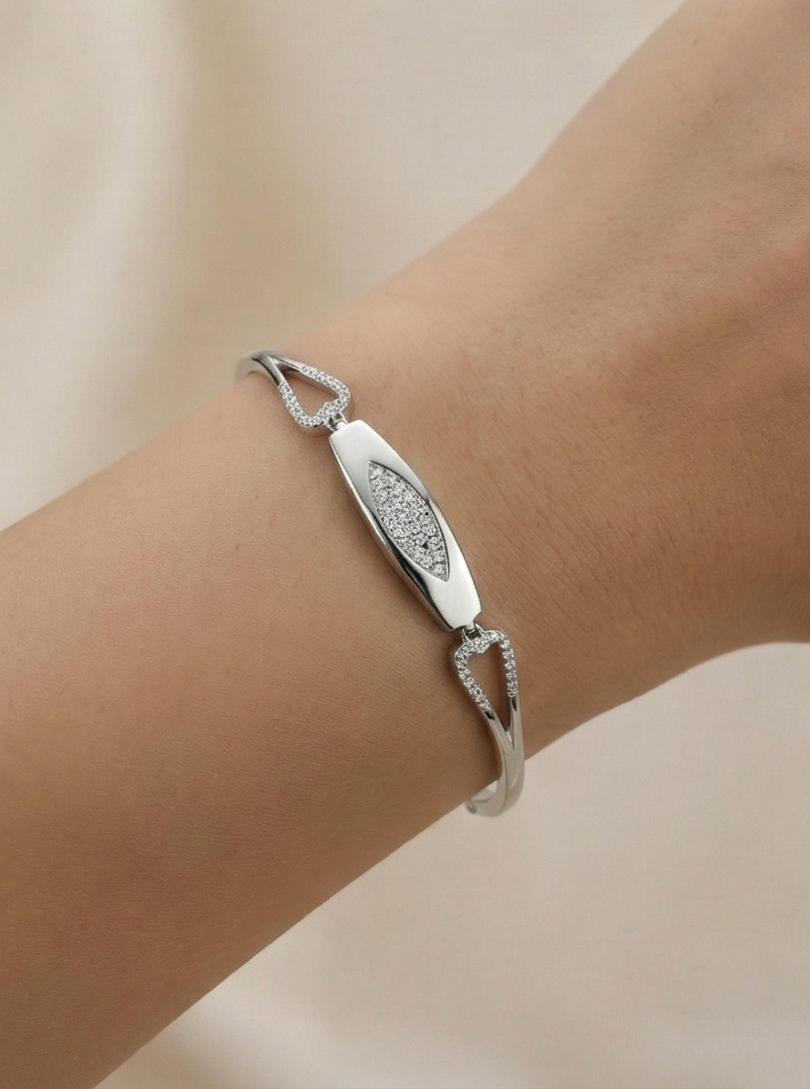 925 Sterling Silver Oval Motif Hinged Bangle Bracelet Jewellery for Women High Polish Finish