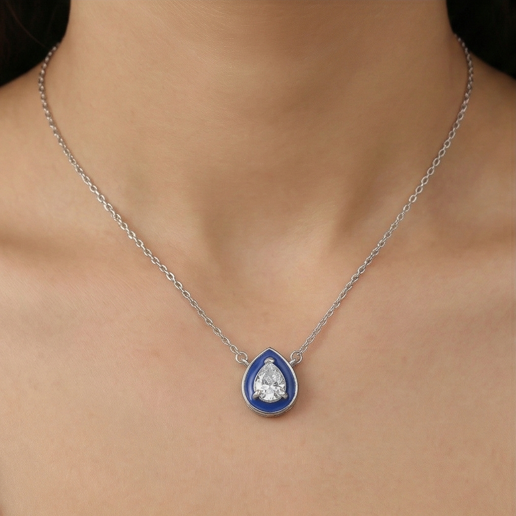 925 Sterling Silver Blue Enamel Pear Shape Pendant Necklace Jewellery with Rhodium Finish