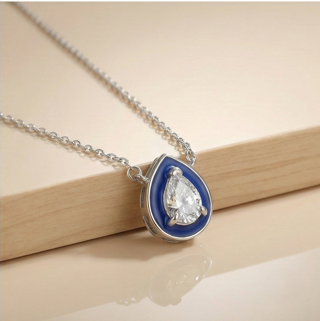 925 Sterling Silver Blue Enamel Pear Shape Pendant Necklace Jewellery with Rhodium Finish
