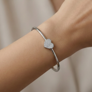 925 Sterling Silver Minimalist Pave Heart Hinged Bangle Jewellery with Rhodium Finish