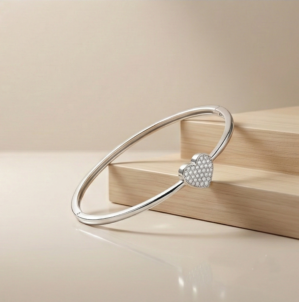 925 Sterling Silver Minimalist Pave Heart Hinged Bangle Jewellery with Rhodium Finish