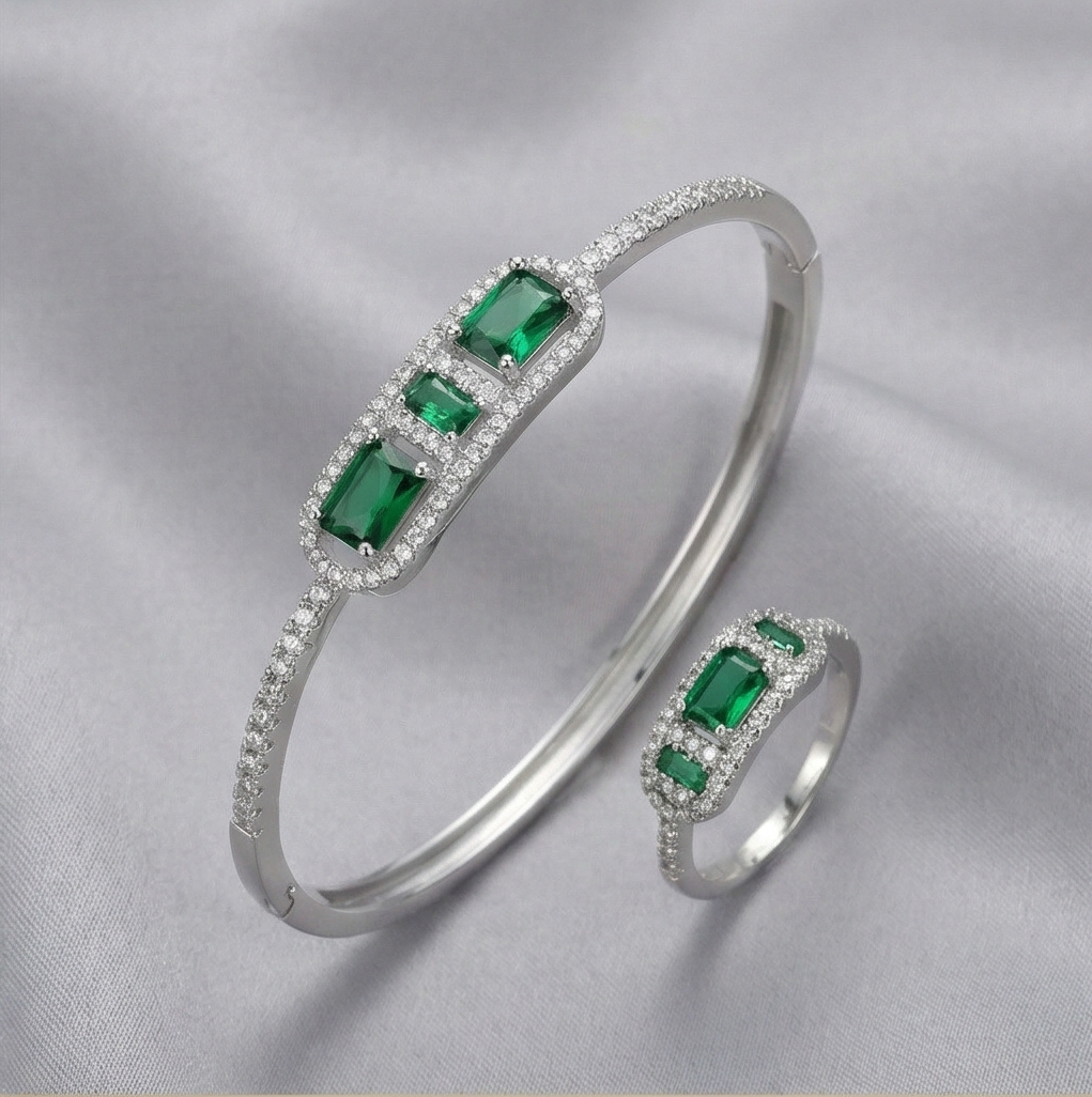 925 Sterling Silver Emerald Green Geometric Stone Hinged Bangle and Ring Jewellery Set with Rhodium Finish