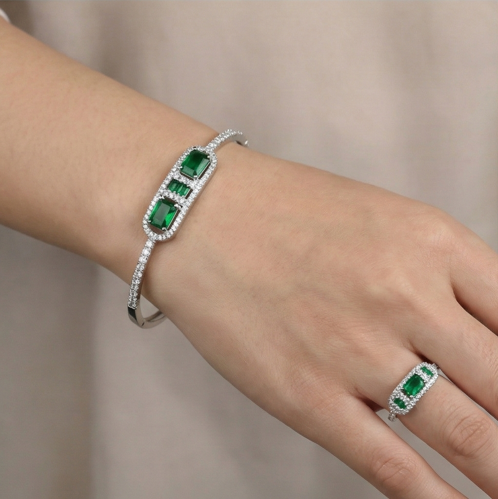 925 Sterling Silver Emerald Green Geometric Stone Hinged Bangle and Ring Jewellery Set with Rhodium Finish